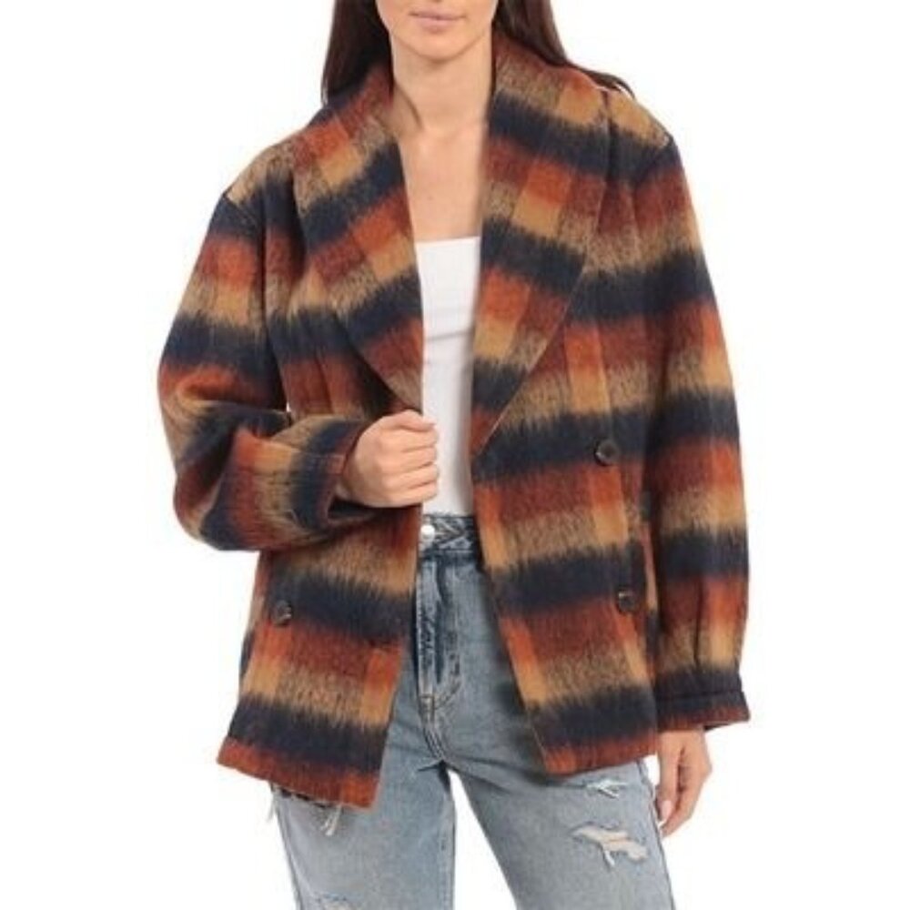 Avec Les Filles XS Brown Orange Plaid Jacket Double Breasted Shawl Collar Fall